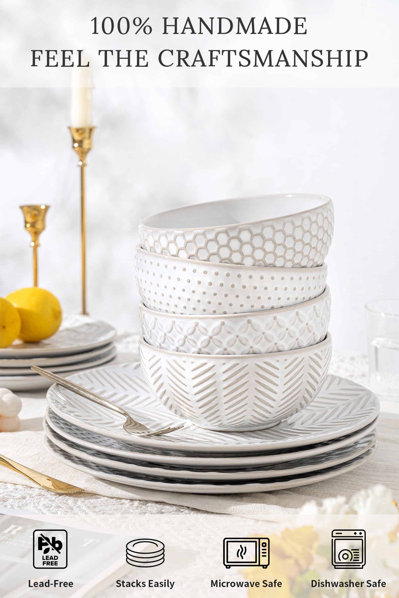 Amazon.com | FOBENTA 24-Piece Embossed Ceramic Dinnerware Set–8